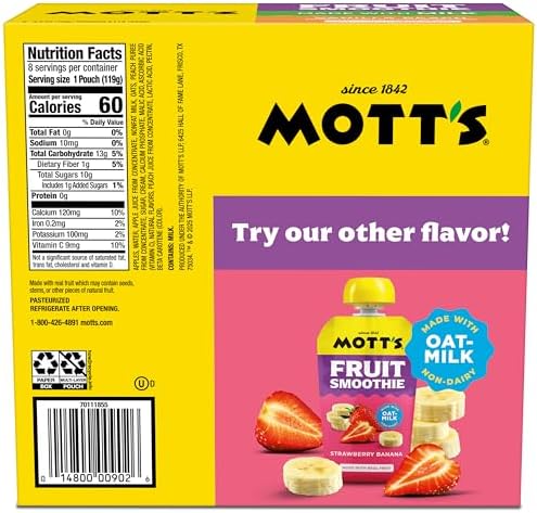 Mott’s Fruit Smoothies Vanilla Peach, 4.2 oz clear pouches, 8 Pack, Made With Milk, Made With Real Fruit, Good Source of Calcium, On-the-Go