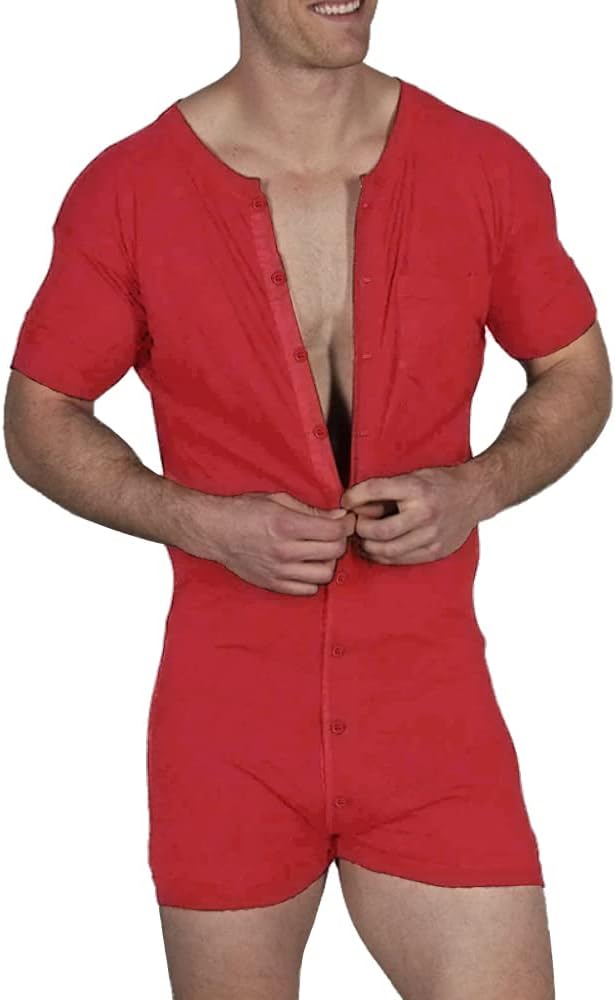 Mens Short Sleeve Onesie Henley Jumpsuit Pajamas Stretchy Cotton One Piece Garment