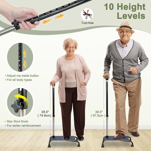Stair Climbing Cane Lifts for Seniors Half Step Climbing Aid Walker Elevator Stairs Assist Elderly Standing Helper 4 Prong Large Base Quad Walking Sticks Adjustable Stability Balance Devices