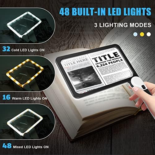 5X Handheld Magnifier for Page Reading - Large Folding Lighted Magnifier with 48 LED Lights (3Modes), Rectangular Handhold Magnify Lens Gifts for Reading Small Prints, Low Vision, Seniors