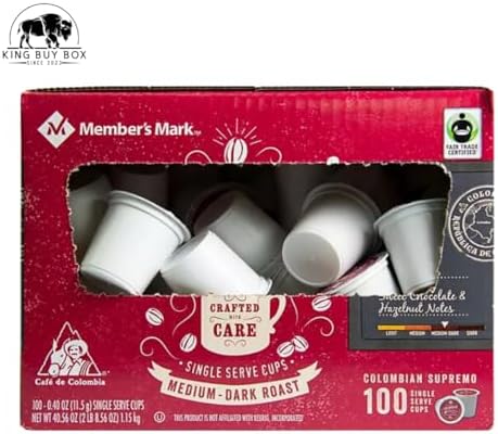 KING BUY BOX 1 PCS cup Bundle with Colombian Supremo Medium-Dark Roast Coffee Pods, 100 ct. compatible with Members Mark