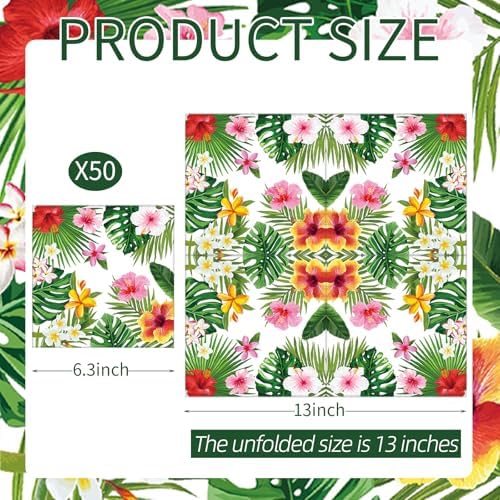 50 Count Tropical Hibiscus Floral Greenery Paper Napkins, Disposable Luau Party Cocktail Napkins for Hawaiian Aloha Theme Birthday, Summer BBQ, Pool Beach, and Picnic Table Decorations