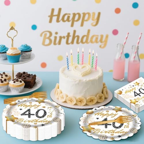 60 Pcs 40th Birthday Decorations White gold Paper Plates and Napkins Forks Party Tableware for Men Women Birthday Party Decorations,Serve 20