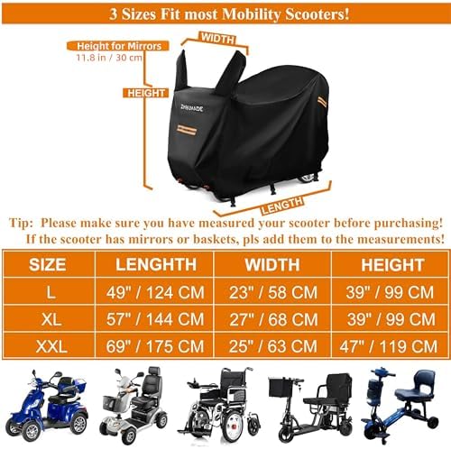 Mobility Scooter Cover Waterproof Outdoor, Electric Wheelchair Covers Waterproof Carrier Mobility Scooter Accessories for All Weather Protect from Sun, UV, Rain, Wind, Dust (L: 49"*23"*39")