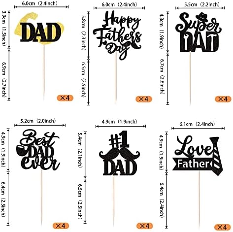 24 Pack Happy Father's Day Cupcake Toppers Glitter Best Dad Ever Cupcake Picks Love Father #1 Dad Tie Moustache Hat Glass Tool Cake Decorations for Happy Father's day Theme Men Birthday Party