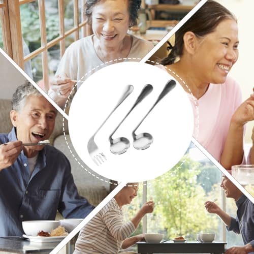 Adaptive Spoon 1 Set Adaptive Utensils for Elderly Right Handed Angled Spoons and Fork Stainless Steel Self-Feeding Curved Utensil Anti Shake Eating Silverware for Adults People