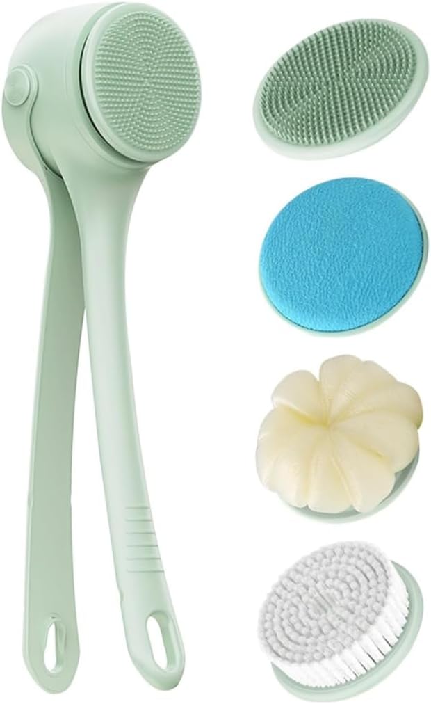Rechargeable Electric Body & Back Scrubber Brush – Waterproof Spinning Bath Brush with Dual Long Handles & 5 Replaceable Heads for Deep Cleansing, Exfoliating & Massage
