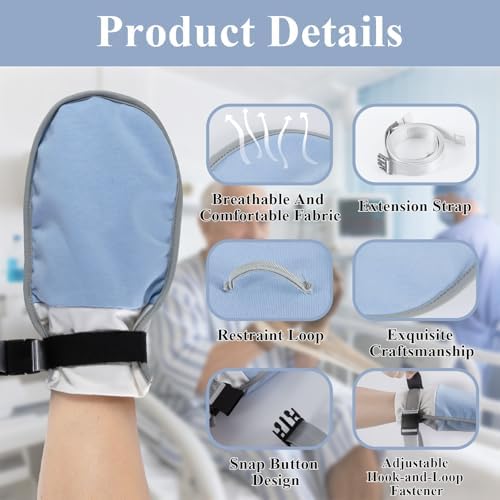 2-Pack Medical Restraint Gloves for Elderly & Dementia Patients, Anti-Scratch Medical Mittens with Removable Ties, Soft Skin-Friendly Hand Control Mitts for Dementia Safety with Finger Ring, Blue
