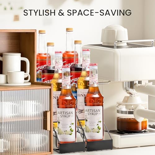 mustry Coffee Syrup Rack for Coffee Bar Accessories, Coffee Syrup Holder Fits with Torani and Monin Syrup, Coffee Bar Organizer Holds 4 Bottles, 2 Pack