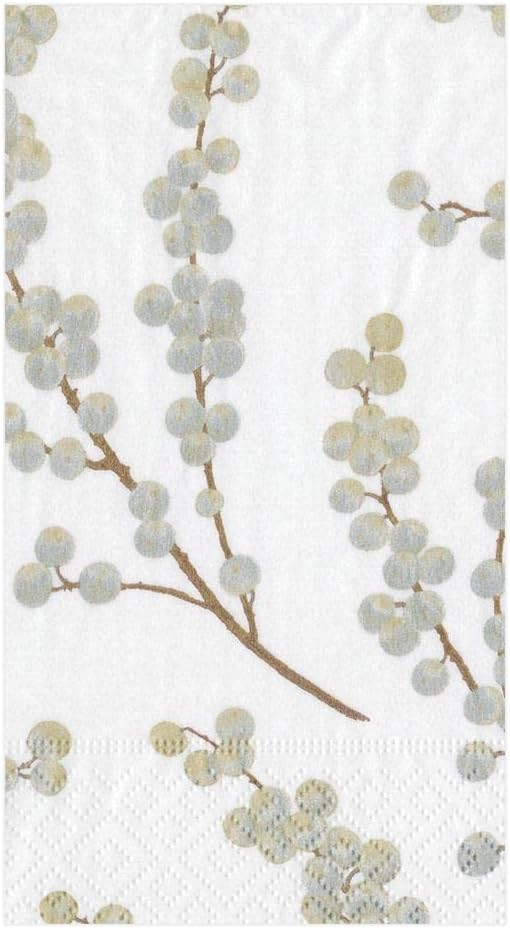 Caspari Berry Branches Paper Guest Towel Napkins in White & Silver - 15 Per Package