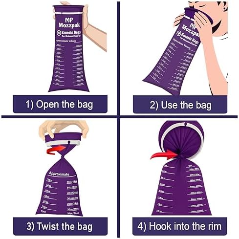 MP MOZZPAK Vomit Bags Disposable 24 Pack - 1000ml Emesis Bags, Leak-Proof Barf Bag, Travel Friendly Puke & Nausea Bag for Motion Sickness, Medical Grade Throw up Relief for Car, AirPlane, & Road Trip