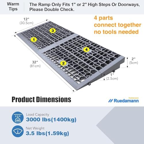 Ruedamann 2" Rise X 32" Modular Threshold Ramps for Doorways, 3000 Lbs Capacity Car Ramp for Home Entrance, Portable Shower Ramp for Doorways, Steps, Power Wheelchairs, Scooters, Carts, Trolley
