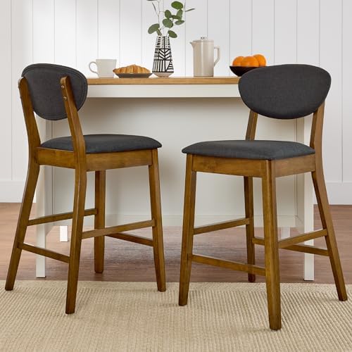 Best Choice Products Set of 2 Counter-Height Bar Stools, Mid-Century Modern, Armless Wood Stools W/Upholstered Seat Cushion & Backrest for Kitchen Island or Dining Room Bar - Walnut/Charcoal