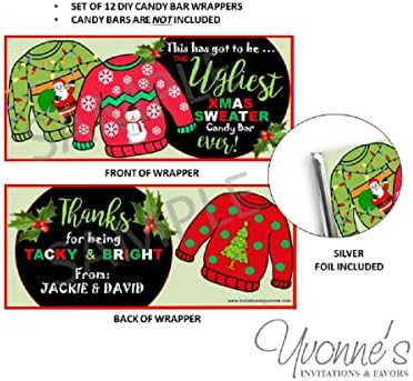Christmas Candy Bar Wrappers-Personalized Wrappers for Chocolate Bar Favors-Ugly Christmas Xmas Sweater Party-Christmas Holiday Party-Office-Stocking Stuffers (Set of 12) Chocolate Not Included