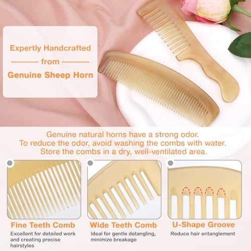kilofly Genuine No Static Natural Sheep Horn Comb [Set of 2] + Carrying Pouch