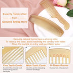 kilofly Genuine No Static Natural Sheep Horn Comb [Set of 2] + Carrying Pouch