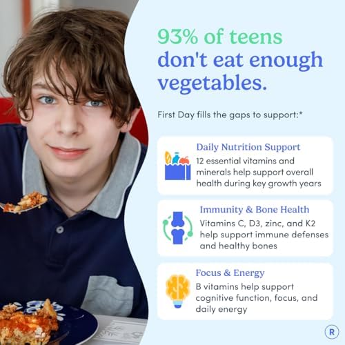 FIRST DAY Vitamins for Teens - Teen Multi Vitamins for Girls & Boys 12-17, Organic Fruit & Veggie Blend - 12 Key Nutrients: Vitamins A, B1, B2, B6, B9, B12, C, D3, E, K2-30 Day Supply