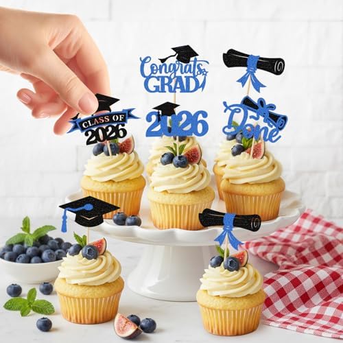 2026 Graduation Cupcake Toppers, 36 pack Blue Glitter Class of 2026 Congrats Grad Diploma Grad Cap Cupcake Picks for 2026 Graduation Party decorating Supplies