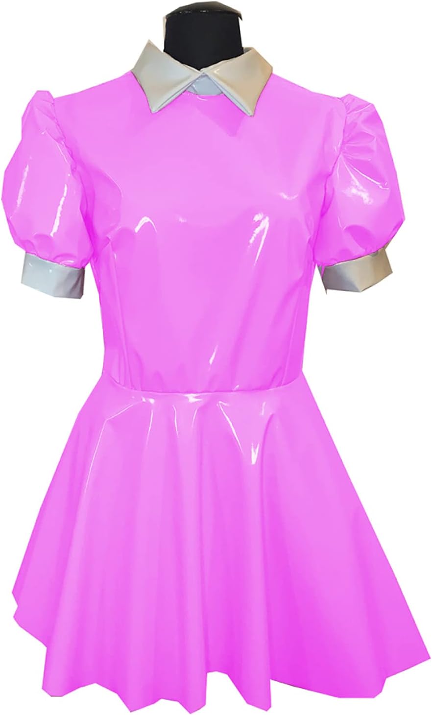 PVC Mini Dress Turtleneck PU A line Dress Faux Leather Turn-Down Collar Dress,Pink,S