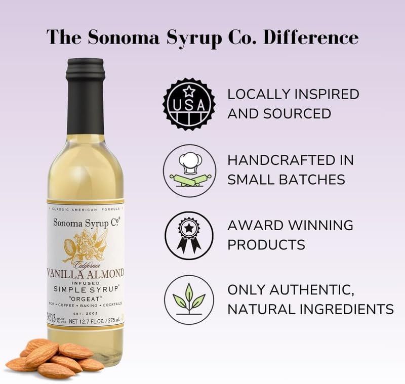 Sonoma Syrup Co. Vanilla Almond Infused Simple Syrup 12.7 fl oz | for Cocktails, Tea, and Baking | Hand Crafted in the USA
