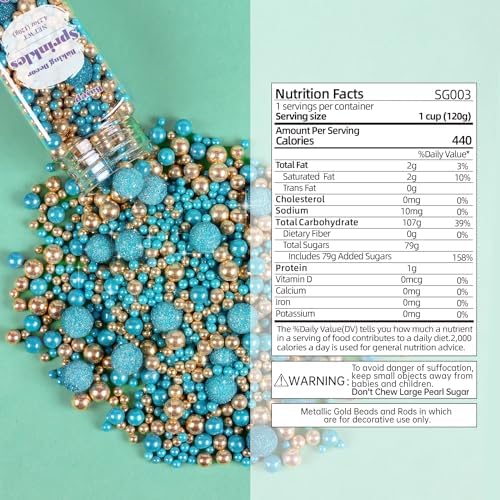 Teal Sprinkles for Cake Decorating 4.23ounce - Sparkle Pearl Sprinkles for Cupcake Toppers, Ice Cream, Candy, Cookie Decorations - Bright Gold Sprinkles for Princess Bridal Shower Wedding Party