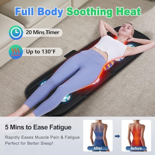 Full Body Massage Mat with Heat, Vibration Massage Mattress Pad with Lumbar Support Cushion, Foldable Massage Mat for Bed, Sofa & Floor, Relaxation & Comfort