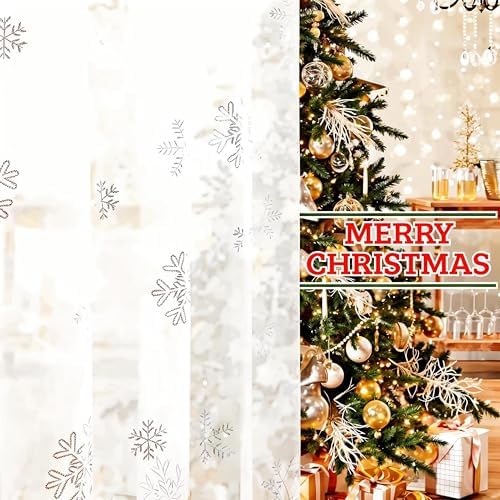 MikiUp Christmas Snowflakes Sheer Curtains, Silver Foil Printed Semi Sheer Drapes, Rod Pocket Xmas Decoration Window Treatment Panels for Bedroom Living Room, White 52 x 72 inch