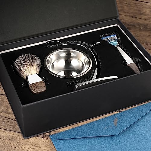 GRUTTI Shaving Kit for Men, 4 in 1 Shaving set Includes Badger Brush, Safety Mens Razor, Shaving Stand, Soap Bowl, Compatible with Fusion 5, Come with Gift Box for Boyfriend Husband Dad Fathers Day