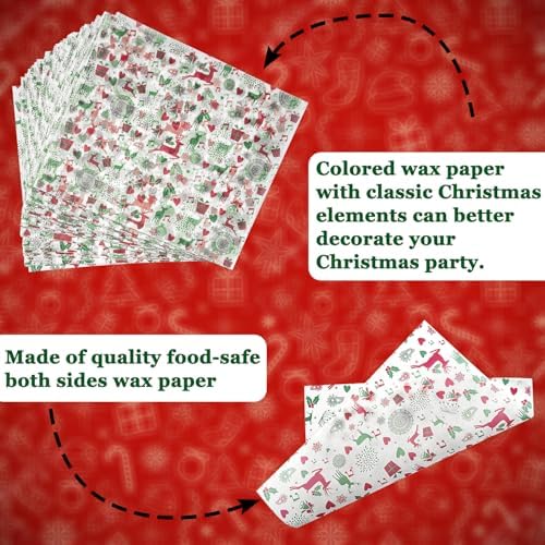 CAMKYDE 100 Pcs Christmas Wax Paper Sheets - Grease Proof for Food, Deli Paper Holiday Use (Reindeer)