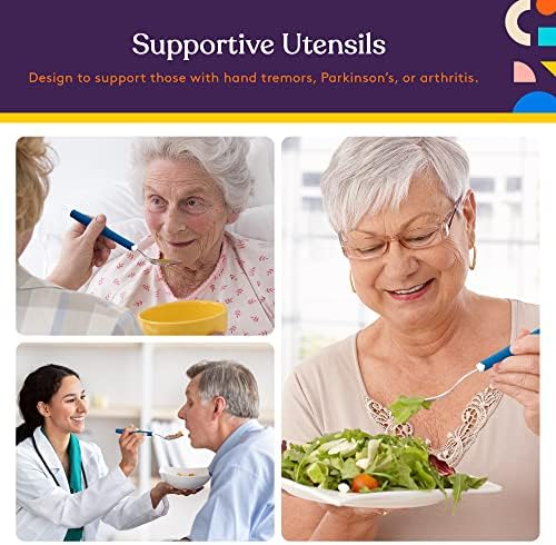 Special Supplies Adaptive Utensils 5-Piece Set Non-Weighted, Non-Slip Handles for Hand Tremors, Arthritis, Parkinson’s or Elderly Use - Stainless Steel Knife, Rocker Knife, Fork, Spoons - Blue