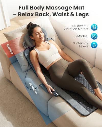 COMFIER 10-Motor Vibration Massage Mat with Detachable Shiatsu Neck Pillow - Full Body Heating Massage Pad, 5 Modes & 3 Intensities, Auto Shut-Off, Home Relaxation, Mothers Day Gift