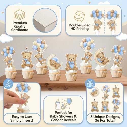 36 Pcs Blue Bear Cupcake Toppers - Baby Shower & Gender Reveal Party Decorations, "We Can Bearly Wait" Theme Cake Decor Supplies