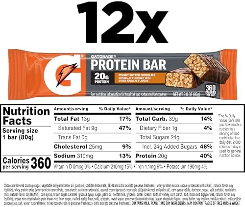 Gatorade Whey Protein Recover Bars, Peanut Butter Chocolate, 2.8 ounce bars (Pack of 12)