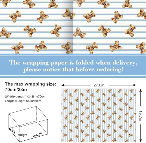 FYSUIMU 6 Sheets Bear Wrapping Paper - Not Roll - Blue Bow Stripe Brown Bear Gift Wrap Paper Folded Flat for Baby Shower Birthday DIY Crafts, 19.7 x 27.6 Inch