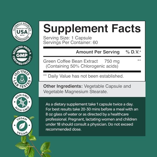 Green Coffee Bean Extract for Metabolism Support - Green Coffee Beans Chlorogenic Acid Supplement for Body Weight Maintenance & Diet Support - Herbal Capsules for Energy and Immune Help - 60 Count