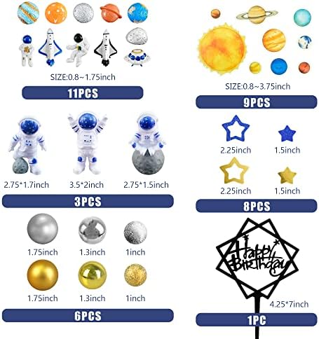 40PCS Astronaut Cake Toppers - Outer Space Astronaut Figurine Meteorite Planet Rocket Stars and Gold Silver Ball Space Theme Cake Decorations