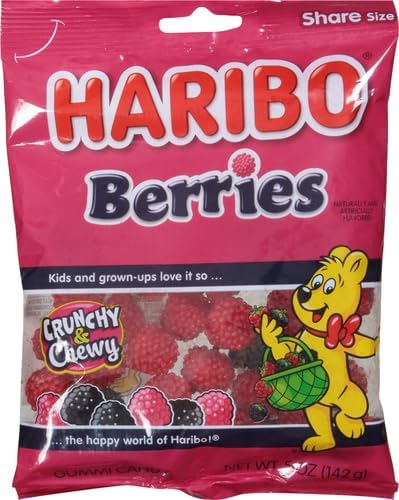 HARIBO Gummi Candy, Berries Gummy Candy, 5 Ounce Share Size Bags (Pack of 12) Delicious Soft & Crunchy, Chewy Sweet Snacks, Red & Black Berry Fruit Flavor