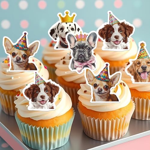 50 PCS Edible Pet Dog Cupcake Toppers Cute Wafer Paper Puppy Dog Cupcake Picks Edible Puppy Dogs Birthday Decorations for Pet Dogs Theme Birthday Anniversary Party Cake Decorations Supplies