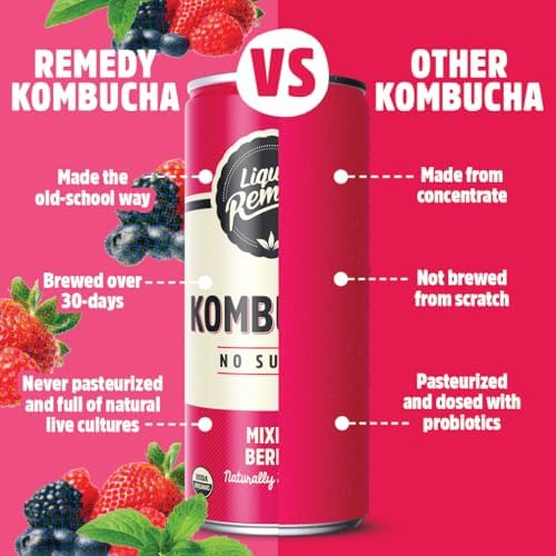 Liquid Remedy Kombucha Sugar Free Organic Drink, Low Calorie, Probiotic Like Tea for Gut Health - Mixed Berry - 8.5 Fl Oz Can, 24-Pack