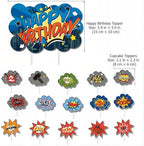 Comic Cake Topper Set – Birthday Cake Topper & 15 Cupcake Toppers for Kids Party, Boom Pow Smash Comic Theme Decorations