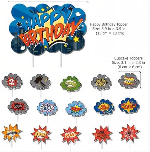 Comic Cake Topper Set – Birthday Cake Topper & 15 Cupcake Toppers for Kids Party, Boom Pow Smash Comic Theme Decorations