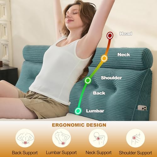 Headboard Pillow Queen, Large Triangular Wedge Cushion with Neck Roll Pillow for Reading Sitting Working, Backrest Positioning Support Bodypillow with Removable Washable Cover for Bed Dorm Sofa