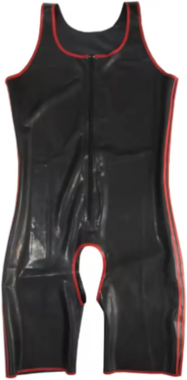 Sleeveless Latex Mens Catsuit With Front Zip Crotch Opened Rubber Bodysuit Jumpsuit