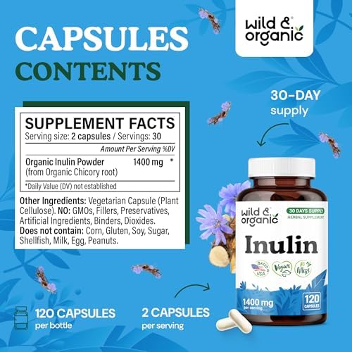 Wild & Organic Inulin Capsules 1400 mg - Digestive & Gut Support - Inulin Prebiotic Fiber Powder Supplement - Chicory Root Derived - Vegan, No Fillers, Non-GMO - 120 Count