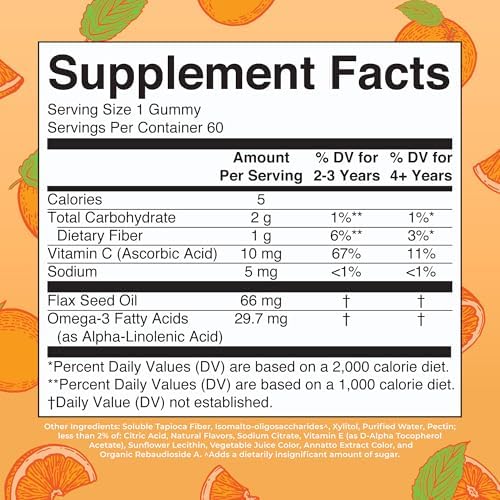 MARYRUTH'S Vegan Omega 3 Gummies for Kids 2+, 2 Month Supply, Sugar Free, Omega 3 Supplement with Vitamin C, Flaxseed Oil, Immune Support, Essential Nutrient ALA, No Fish Taste, 60 Count