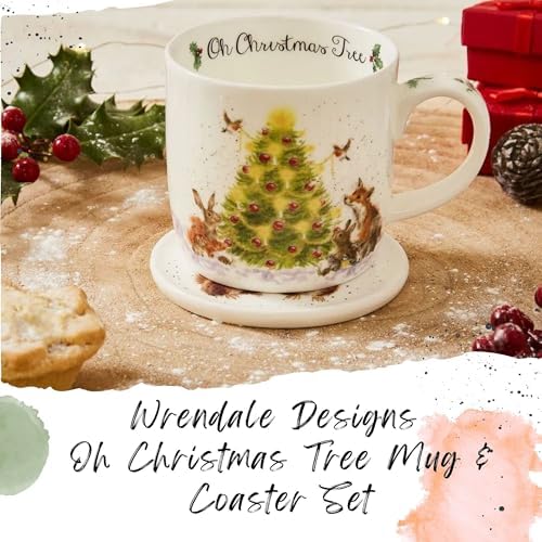 Royal Worcester Oh Christmas Tree Mug & Coaster Set - 11 oz Fine Bone China Holiday Mug Set with Woodland Creatures - Wrendale Designs Christmas Coffee Mugs, Microwave & Dishwasher Safe