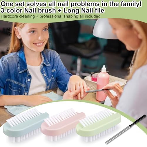 4PCS Nail Brush Long Toe Nail File Set - 3Pcs Two Sided Nail Scrubber Brushes for Cleaning Fingernails and 1Pcs Stainless Steel Long Toe Nail File for Thick Nails, Efficient Nail Care Tool