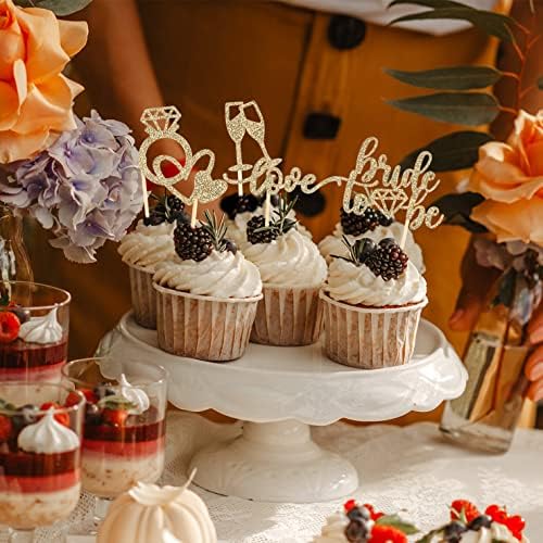 35 PCS Glitter Diamond Ring Bride to be Love Cupcake Topper Champagne Cake Picks Decorations for Bridal Shower Wedding Engagement Party Supplies, Light Gold