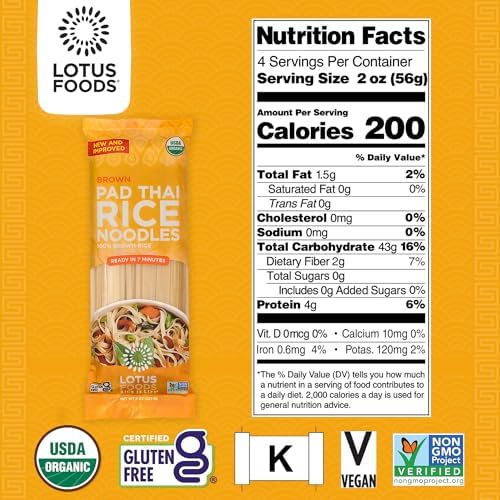 Lotus Foods Organic Brown Rice Pad Thai Rice Noodles - Gluten Free Pad Thai, Heirloom Rice Noodles, Authentic Asian Noodles, Rice Noodles Thailand, USDA Organic, Non GMO - 8 Oz (Pack of 8)