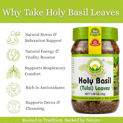 Basic Ayurveda Holy Basil (Tulsi) Leaves | 1.06 Oz (30g) | Pure Dried Tulsi Leaves | Natural Ayurvedic Herb for Herbal Tea, Detox & Daily Wellness | Non-GMO, Gluten-Free & Vegan